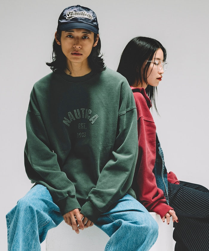 NAUTICA JAPAN Pigment Dyed Felt Patch Arch Logo Crewneck Sweatshirt