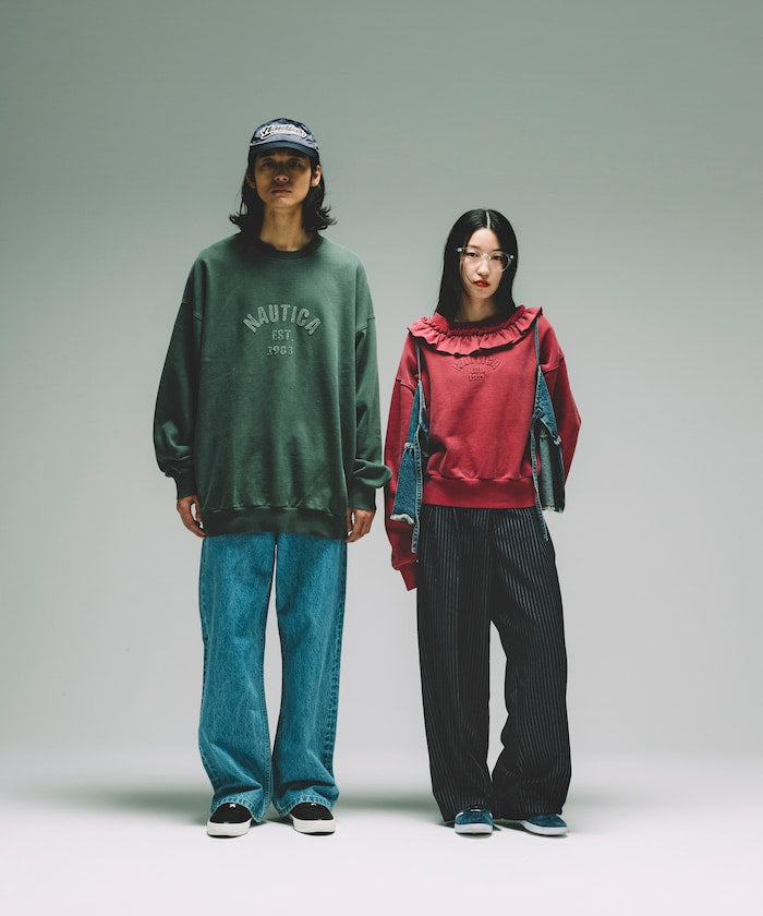 NAUTICA JAPAN Pigment Dyed Felt Patch Arch Logo Crewneck Sweatshirt