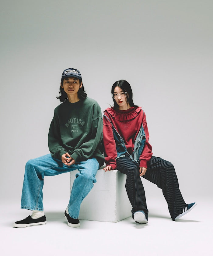 NAUTICA JAPAN Pigment Dyed Felt Patch Arch Logo Crewneck Sweatshirt