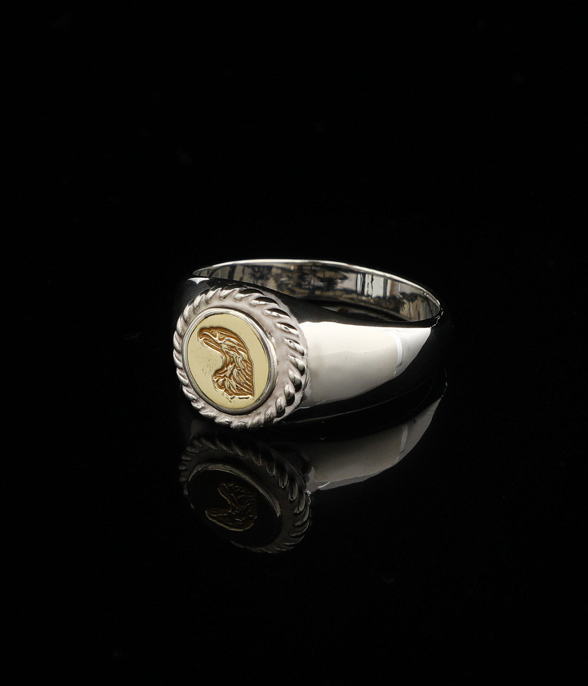 LARRY SMITH KARAKUSA EAGLE HEAD STAMPED RING (18K GOLD ACCENT) No 