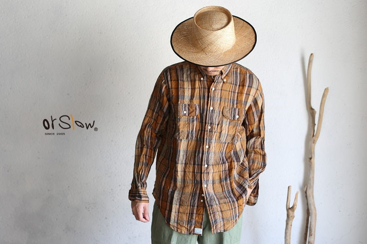 orSlow LINEN B.D SAFARI SHIRTS (ORANGE CHECK)