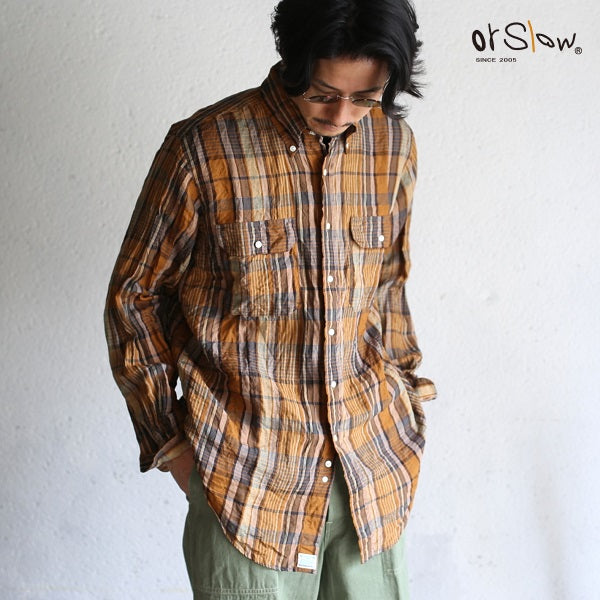 orSlow LINEN B.D SAFARI SHIRTS (ORANGE CHECK)