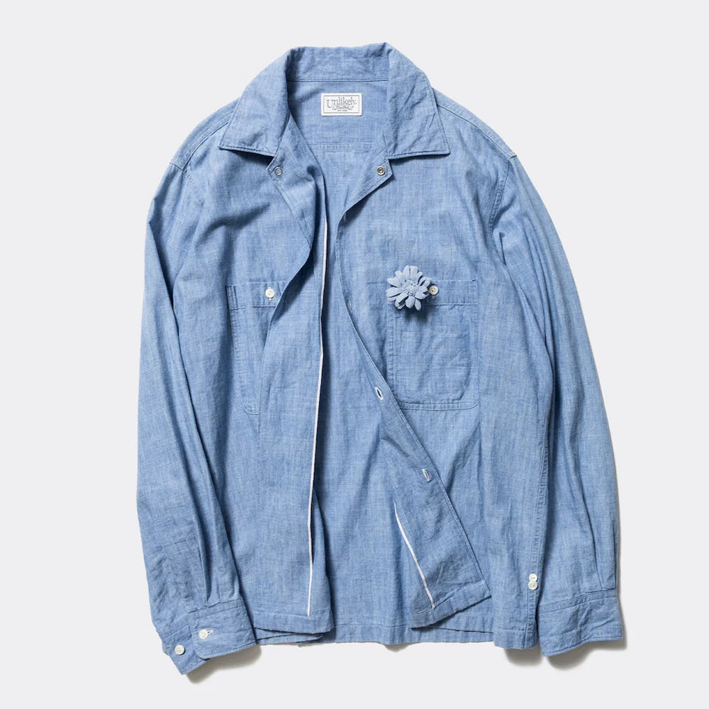 新品 Unlikely OPEN COLLAR WORK CHAMBRAY L Unlikely Open Collar Work Chambray with Flower – unexpected store