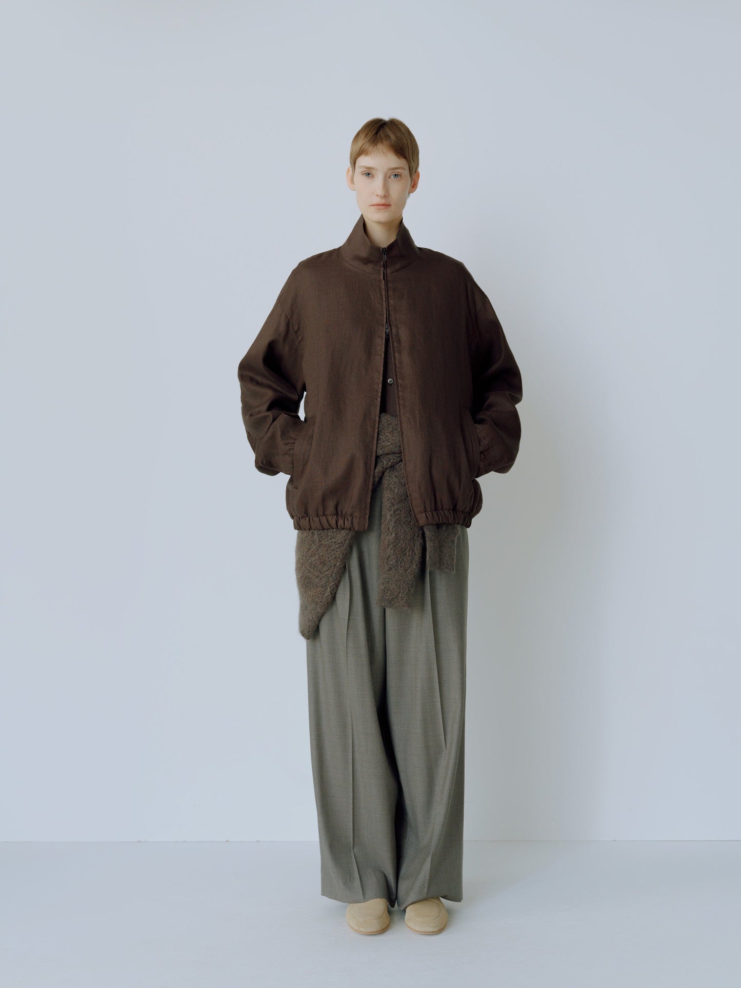 ssstein LIGHT LINEN SHIRRED LIGHT ZIP JACKET