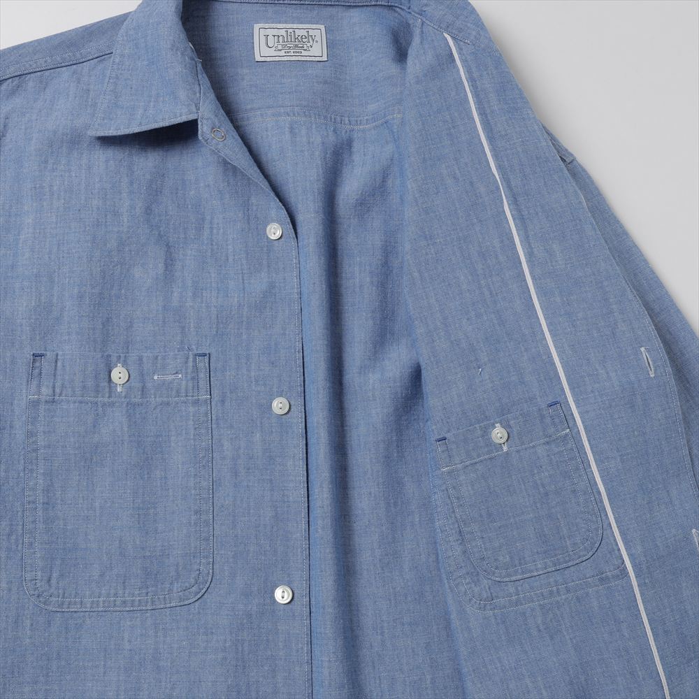 Unlikely Open Collar Work Chambray with Flower – unexpected store