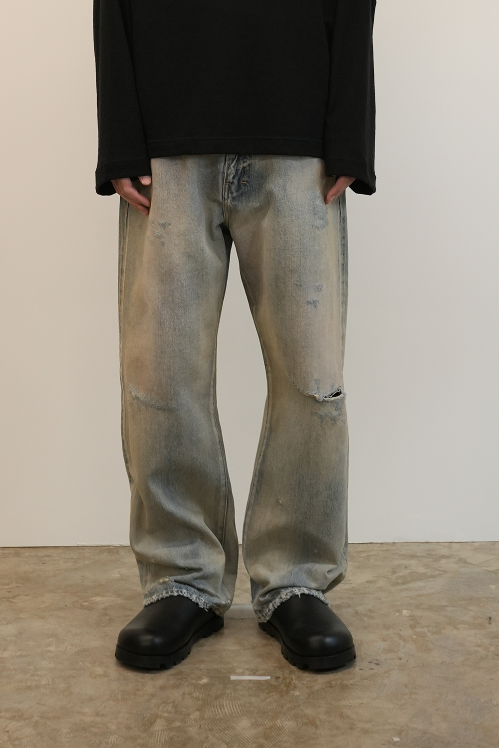 ANCELLM P/DAMAGE DENIM STRAIGHT 5P PANTS