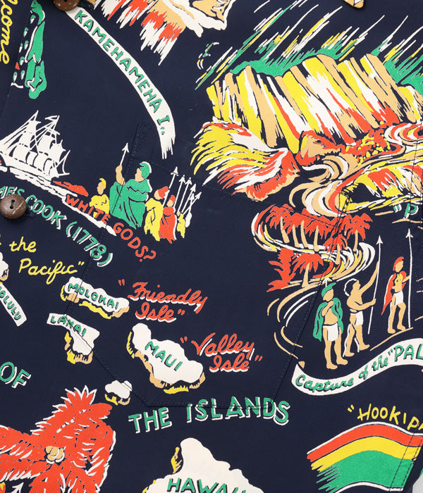 SUN SURF RAYON HAWAIIAN SHIRT “HISTORY OF THE ISLANDS